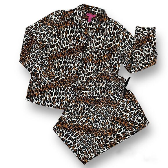 Betsy Johnson Leopard Print Sateen Flannel Pajama Set Brown Black Large - Picture 11 of 11